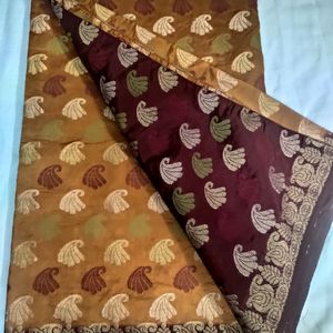 Mustard With Meroon Cotton Silk Saree.