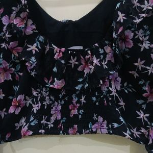 WOMENS STYLISH BLACK FLORAL RUFFLE TOP