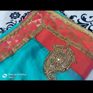 Diwali Sale🎉 Sky-blue Heavy Boarder Saree