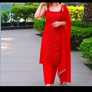 Strappy Gorgeous Red Kurta With Bottom Wear