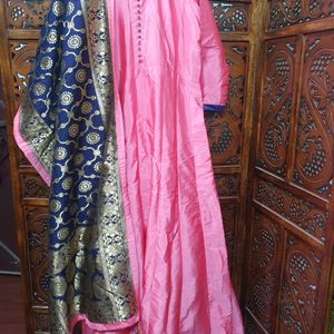 Party Wear Long Gown With Banarasi Rupatta