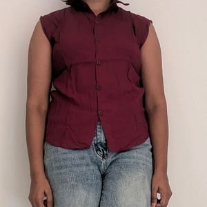 Maroon Sleeveless Cotton Shirt