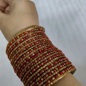 Women Red & Golden Glass Embellished Bangle Set 24