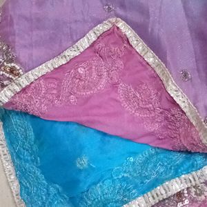 Rich Maggam Stone Work Chunni In Pink & Sky Blue