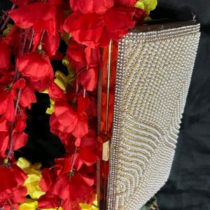 Golden evening clutch white stone embellished