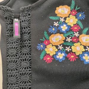 Black Top with Floral Stitch