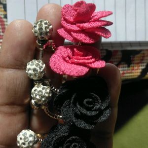 Flower Design Black And Pink Earrings