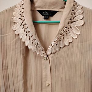 Beige Korean Shirt Embroidered Colar