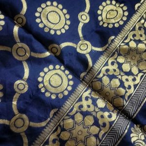 Blue Silk Dupatta With Golden Print