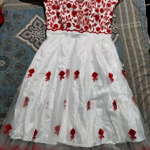 Red And White Anarkali Gown Deep Neck