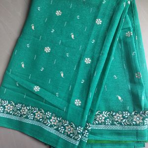 Green And White Printed  Party Wear Saree