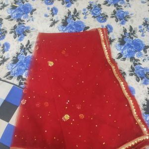 Red Net Dupatta With Four Side N Stone Work