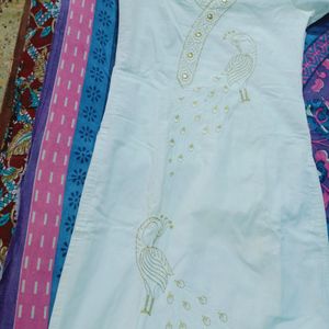 cotton white kurthi with peacock embroidery design