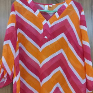 Tecera Orange & Pink V Neck Top