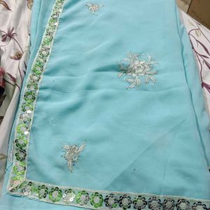 Beautiful Light Sky Color Embroidery Saree