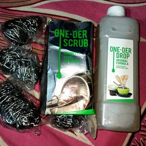 ONE-DER DROP AND SCRUB COMBO💯 ORIGINAL FORMULA CONCENTRATED DISHWASHING LIQUID AND STAINLESS STEEL SCRUBBER 🔥