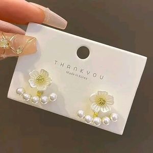 White Pearl & Flower Earrings For Women