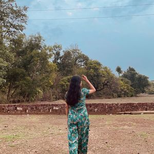 Green and Pink Printed Jumpsuit With Belt