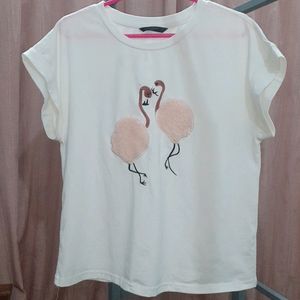 SHEIN white Flamingo Embroidered Top