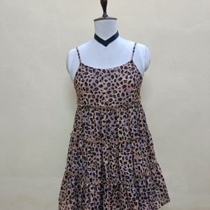 Brown And Black Cheeta Print Frill Dress