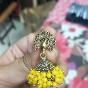 Golden And Yellow Beaded Peacock Jhumki Earring