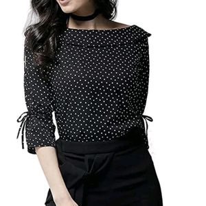 Polka Print Boat Neck Black Top