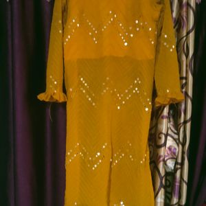 Mustard Yellow Mirror Work A Line Kurti