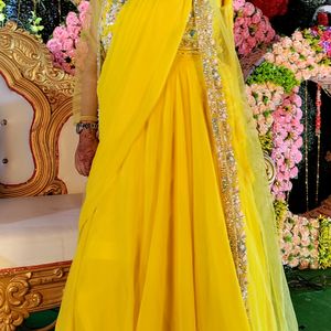 Yellow Shrug Saree Lahanga Dress