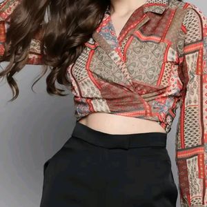 Brown And Red Geometric Printed Wrap Crop Top