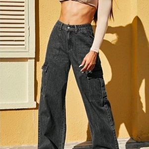 Charcoal Multi Pocket Wide Leg Denim