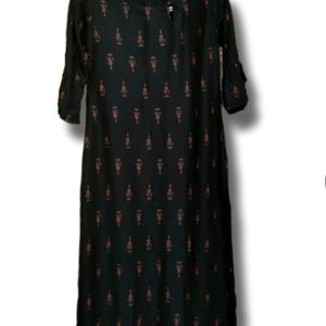 Women Printed Viscose Rayon Straight Kurta (Black)