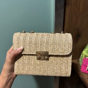 Beige Wicker Bag With Chain Handle