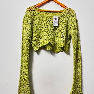 Neon Green Crochet Flared Sleeve Top