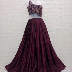 Maroon Velvet Blouse With Flare Lehenga