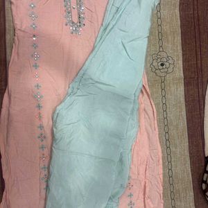 Girlish Peach Blue Kurti Suit Kurta Set