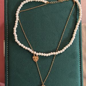 Korean Style Layered Necklace W Pink Stone + Ring