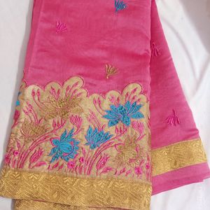 Tissue Cotton With Embroidery Work Saree