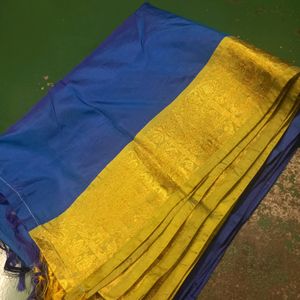 Blue And Gold Silk Blend Saree (5.5 Metres)