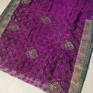 purple colour orange saree