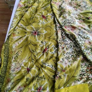 Lime Green Floral Printed Sarees (Women's)