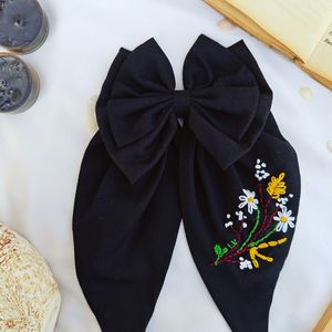 Handmade Black Embroidered Bow Clip