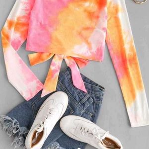 Neon Tie Dye Ribbed Wrap-tie Surplice Top