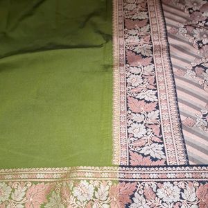 Olive Green Art Silk With Very Rich Black Pallu