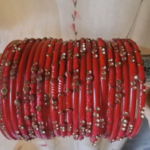 Red Glass Bangles With Stone Work