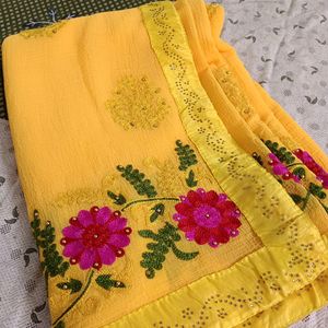 Yellow Saree With Embroidery Design