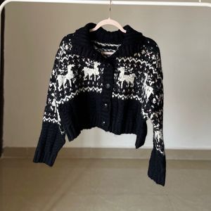 Nordic Reindeer Crop Knit Cardigan