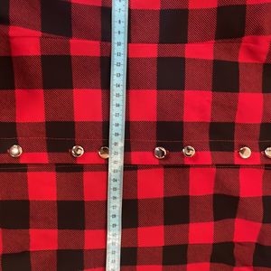 Red& Black Check Cuffed Sleeve Knee Length Shirt