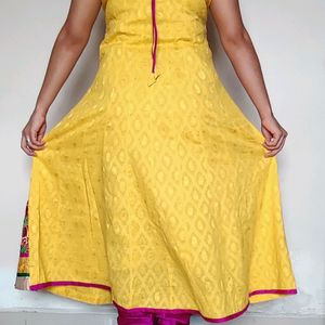 Women Yellow and pink anarkali dress  dupatta