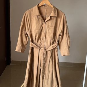 Beige shirt collar Fit & Flare Midi Dress