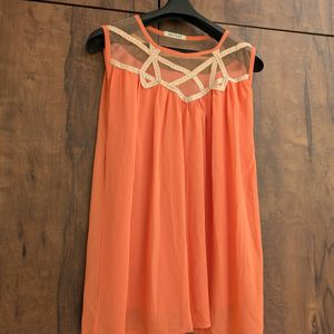 Cute Coral Top With Net Self Design Neck